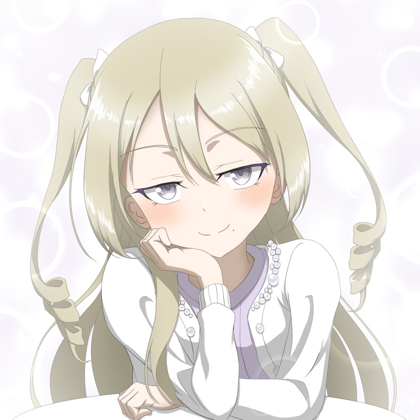 1girl, akagi_yutaka, alternate_hairstyle, birthday, blonde_hair, blush, bow, cardigan