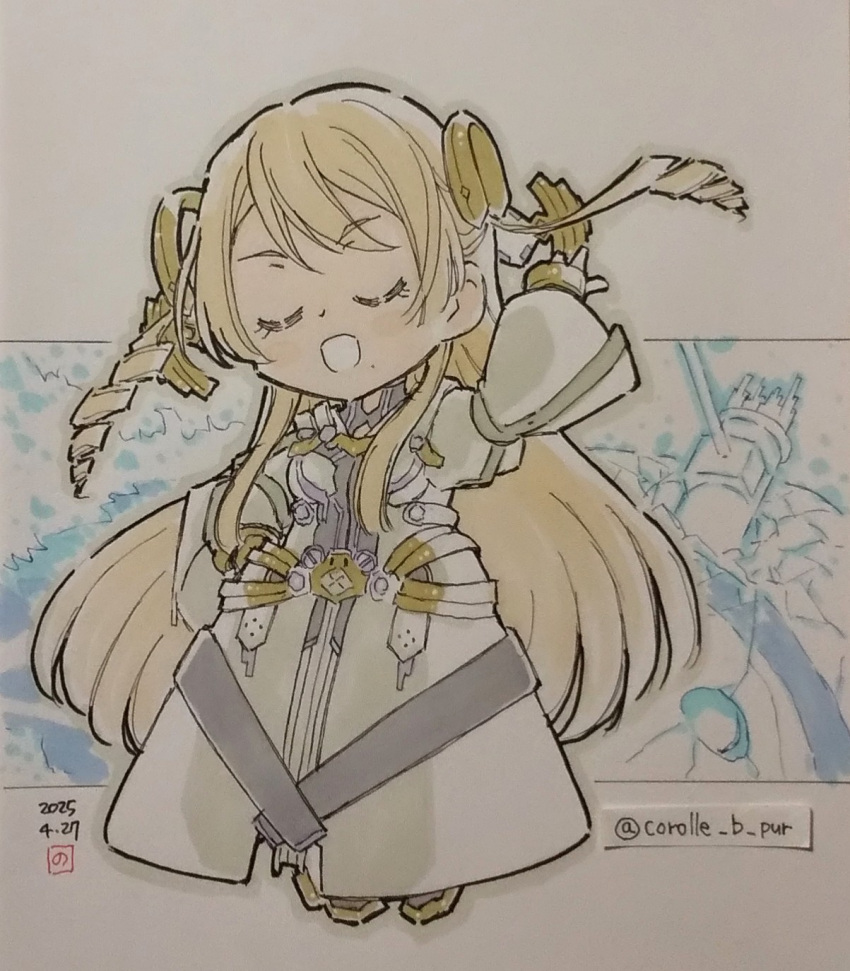 1girl, blonde_hair, chibi, closed_eyes, corolle_b_pur, dated, dress, drill_hair