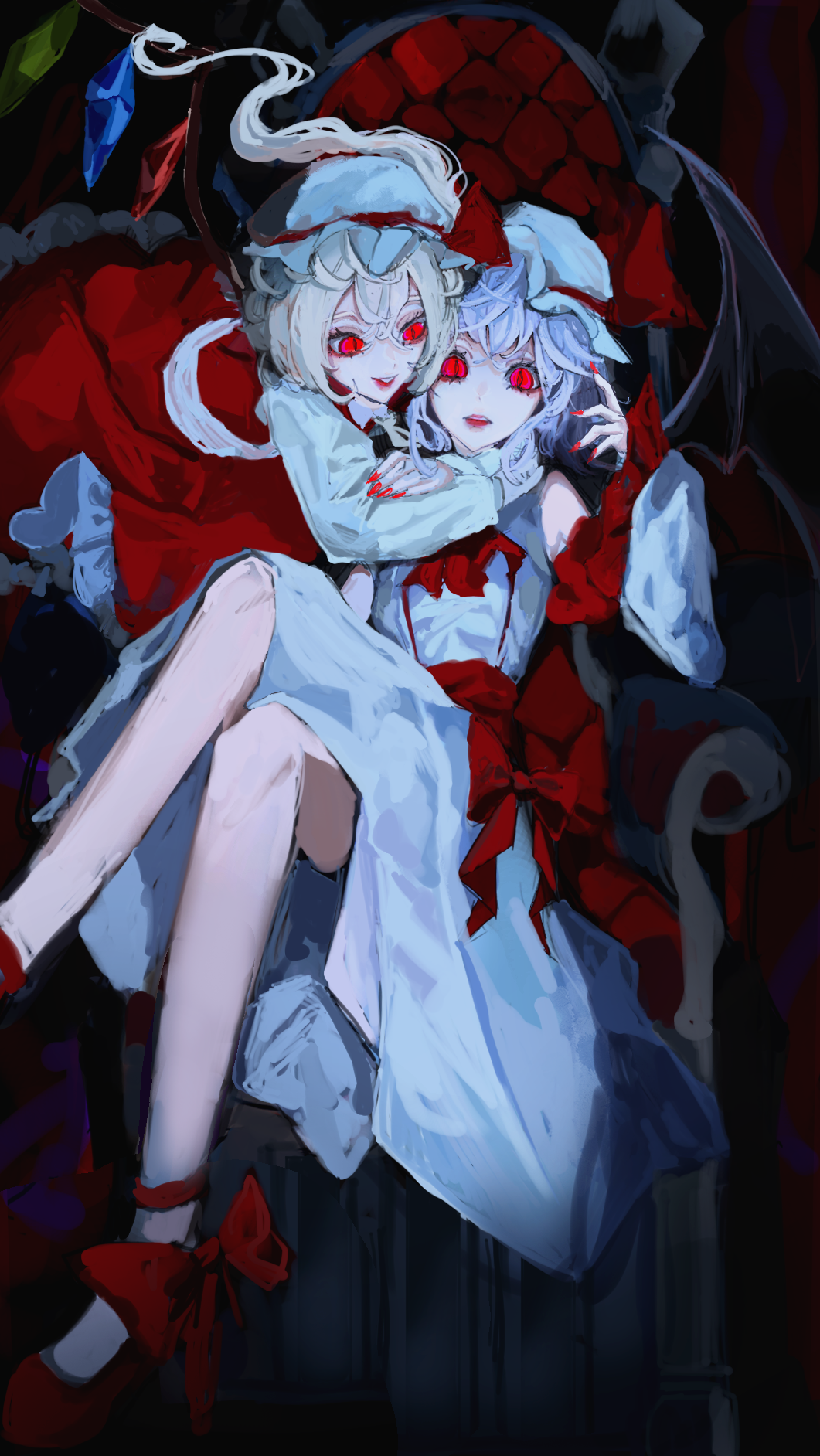 2girls, alternate_costume, bat_wings, blonde_hair, blue_hair, bow, couch, cowboy_shot