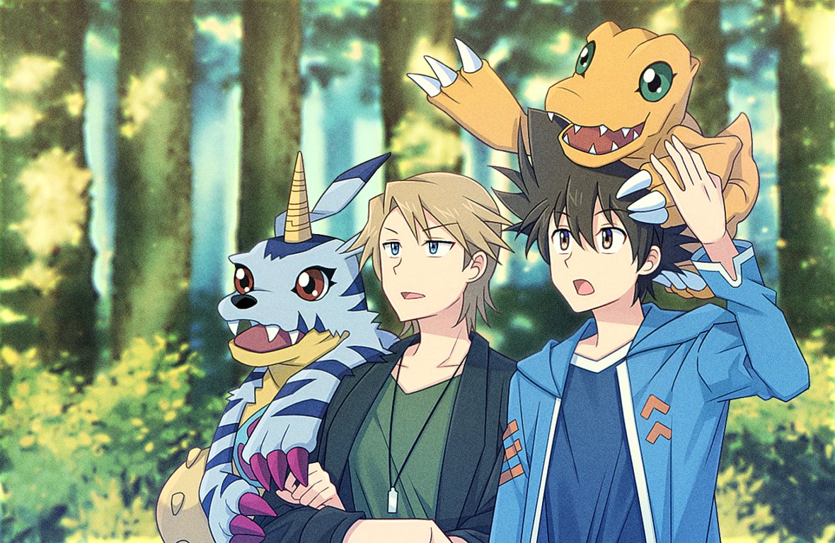 2boys, agumon, black_jacket, blonde_hair, blue_eyes, blue_fur, blue_jacket, blue_shirt