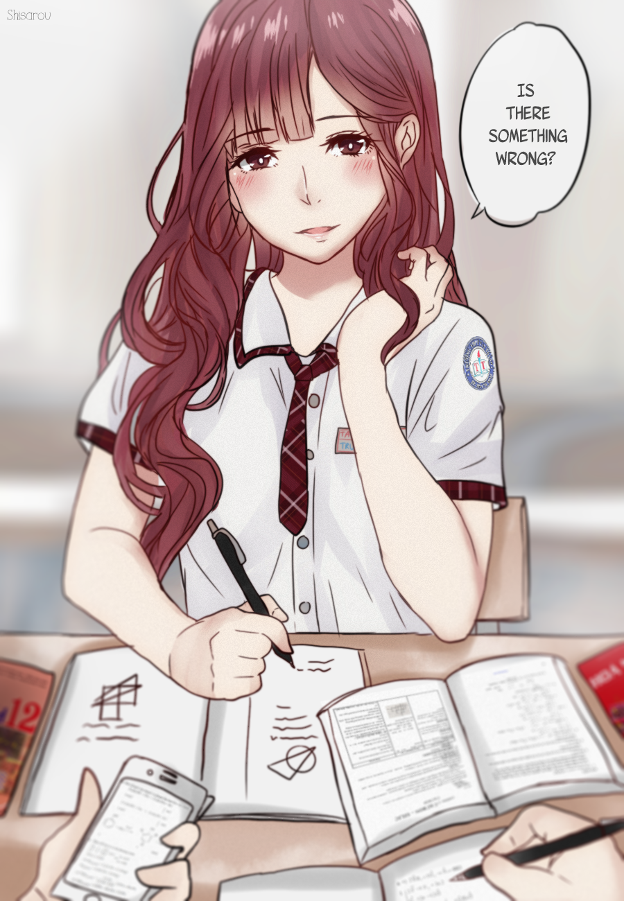 blush, book, brown_eyes, brown_hair, cellphone, chair, desk, hand_in_own_hair