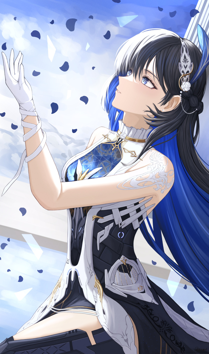 1girl, absurdres, bare_shoulders, black_dress, black_hair, blue_eyes, blue_hair, breasts