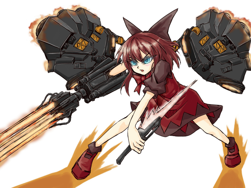 1girl, afterburner, alternate_color, aqua_eyes, arm_blade, armored_core, bow, cirno