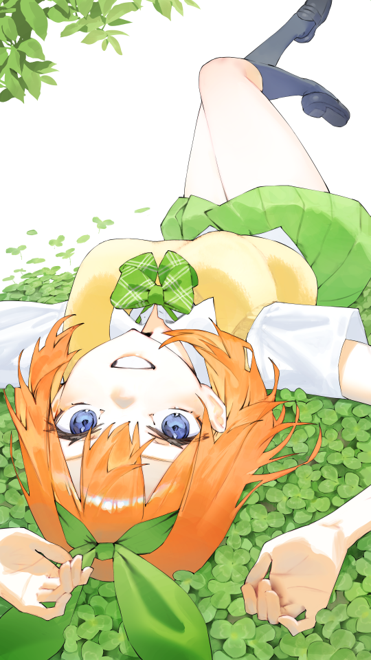 1girl, arms_up, black_shoes, black_socks, blue_eyes, bow, bowtie, clover