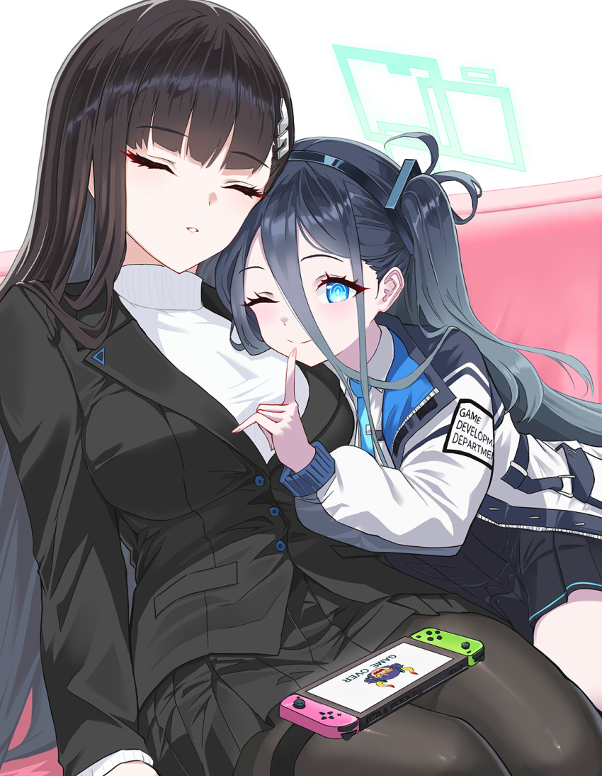 2girls, aris_(blue_archive), black_hair, black_pantyhose, blue_archive, blue_eyes, blue_hair, highres