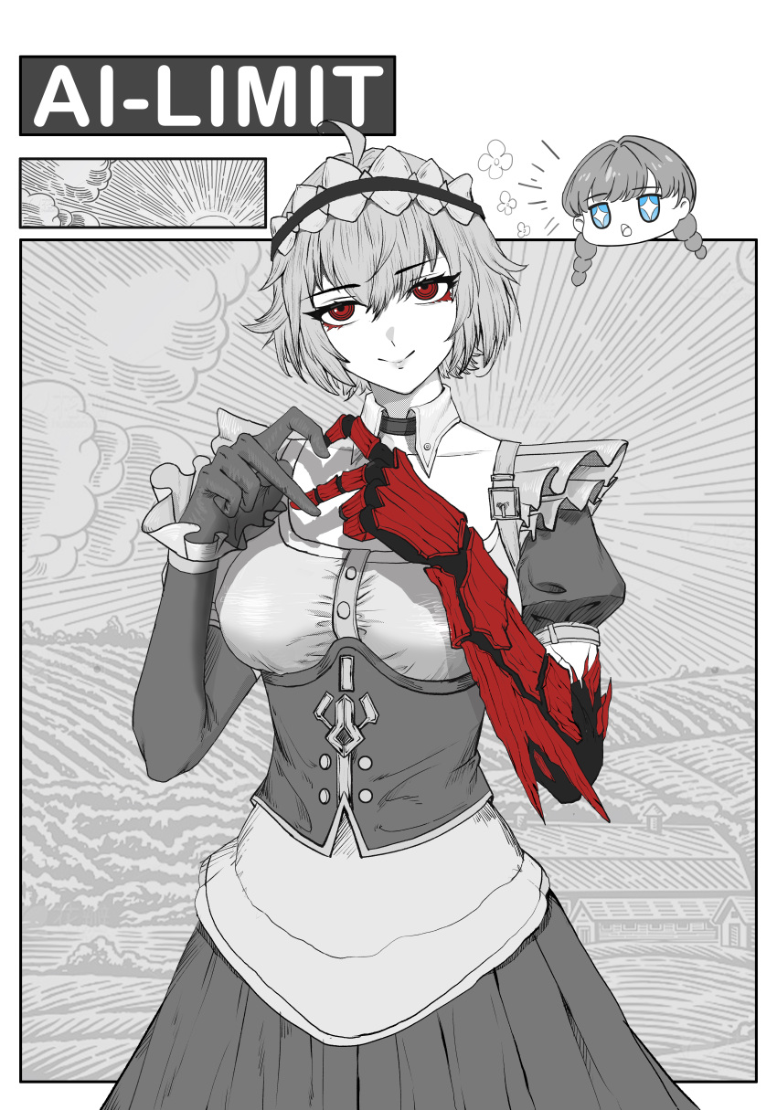 2girls, absurdres, ahoge, ai_limit, apron, arrisa, asymmetrical_gloves, blue_eyes