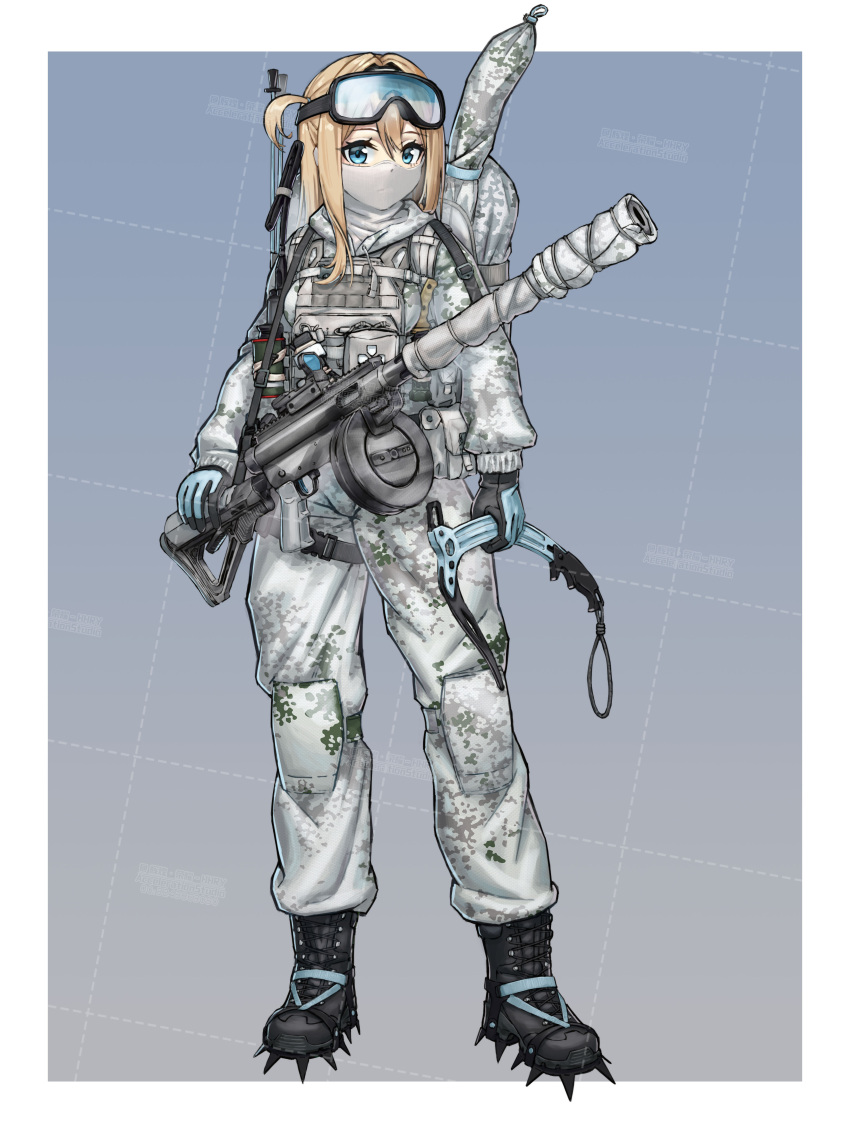 1girl, absurdres, alternate_costume, ammunition_pouch, black_boots, black_gloves, blonde_hair, blue_background, blue_eyes, blush, boots, border, buckle, bulletproof_vest, camouflage, camouflage_bag, camouflage_jacket, camouflage_pants, drum_magazine, english_commentary, flashbang, full_body, girls_frontline, gloves, goggles, goggles_on_head, gun, gun_sling, hair_intakes, highres, hood, hood_down, hooded_jacket, huihuang_rongyao, ice_axe, ice_spikes, jacket, knee_pads, lace-up_boots, load_bearing_vest, long_sleeves, magazine_(weapon), mask, medium_hair, military, military_combat_uniform, military_uniform, mouth_mask, one_side_up, optical_sight, pants, pouch, simple_background, ski_pole, smoke_grenade, snap-fit_buckle, snow_camouflage, standing, submachine_gun, suomi_(girls'_frontline), suomi_kp/-31, tactical_clothes, too_many_watermarks, watermark, watermark_grid, weapon, white_border, white_mask