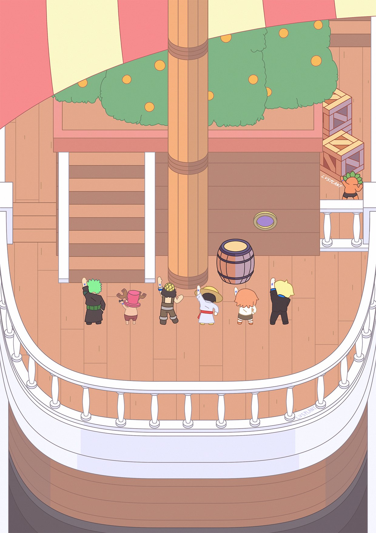 1girl, 5boys, antlers, back, barrel, black_hair, black_suit, blonde_hair