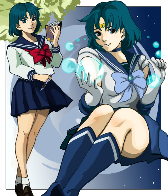 ankle_socks, blue_eyes, blue_hair, book, boots, bubble, dual_persona, hagitotoro, long_sleeves, magical_girl, mizuno_ami, sailor_collar, sailor_mercury, school_uniform, serafuku, short_hair, short_socks, tiara