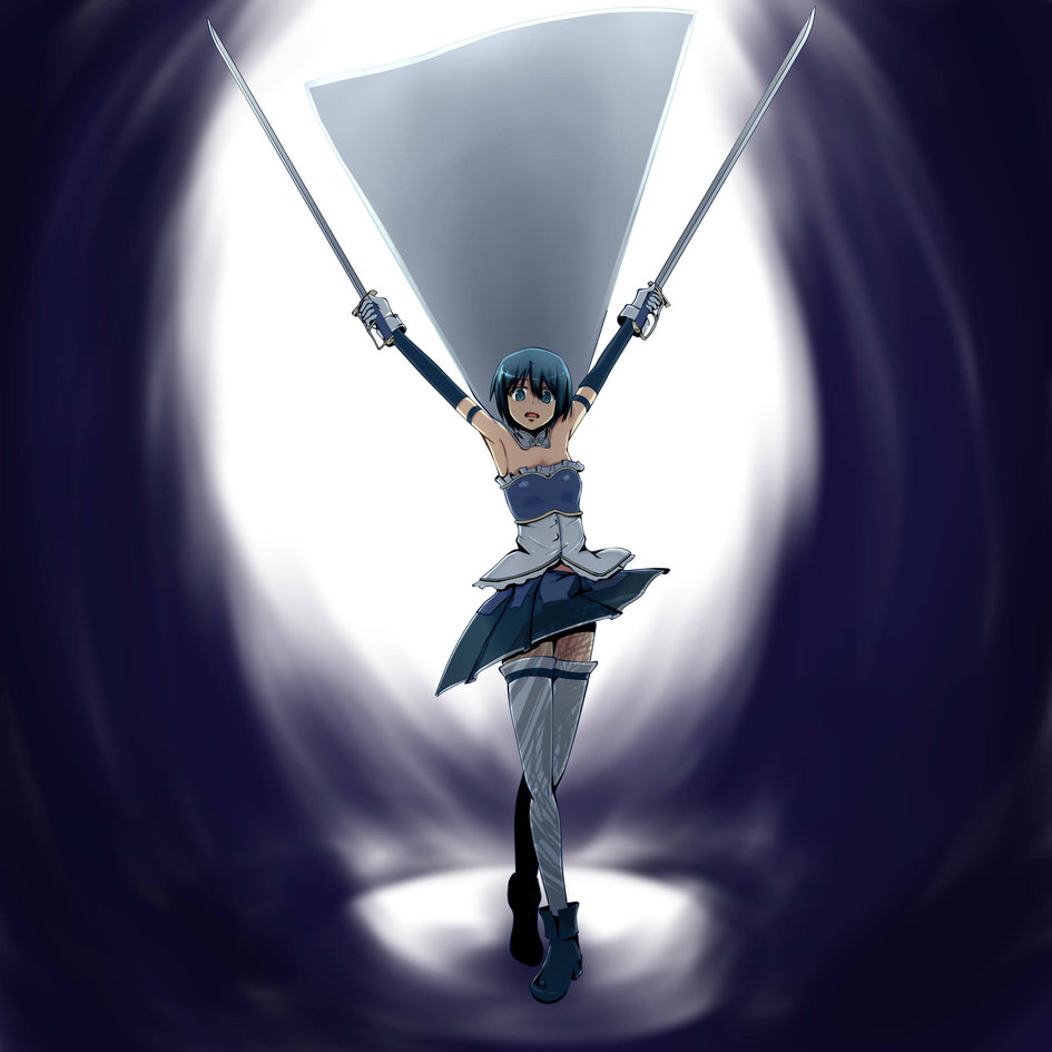 armpits, bare_shoulders, blue_eyes, blue_hair, cape, dual_swords, dual_wielding, gloves
