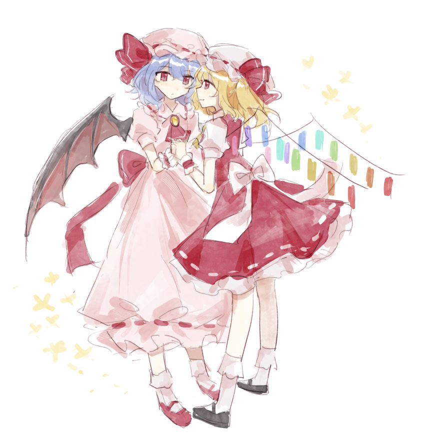 2girls, absurdres, ascot, back_bow, bat_wings, black_shoes, blonde_hair, blue_hair