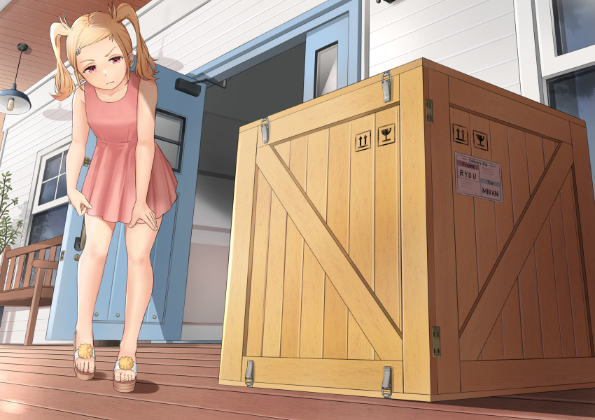 1girl, blonde_hair, box, commission, dress, epicary_radz, highres, medium_hair, miran_(epicary_radz), open_door, original, outdoors, pink_dress, pixiv_commission, plant, porch, potted_plant, red_eyes, sandals, twintails, variant_set