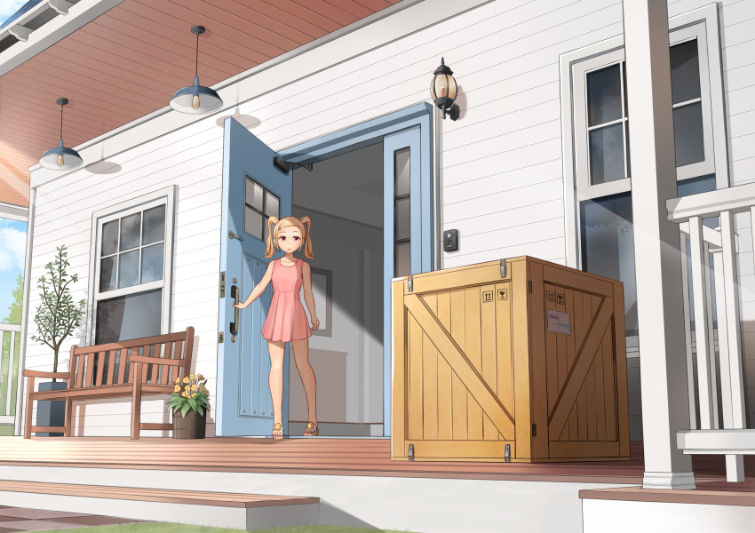 1girl, blonde_hair, box, commission, dress, epicary_radz, guard_rail, highres, medium_hair, miran_(epicary_radz), open_door, original, outdoors, pink_dress, pixiv_commission, plant, porch, potted_plant, red_eyes, sandals, twintails, variant_set