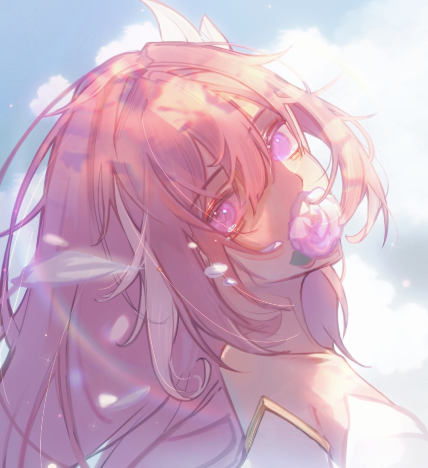 1girl, blue_sky, chinese_commentary, clouds, commentary_request, diamond-shaped_pupils, diamond_(shape), elysia_(herrscher_of_human:_ego)_(honkai_impact)