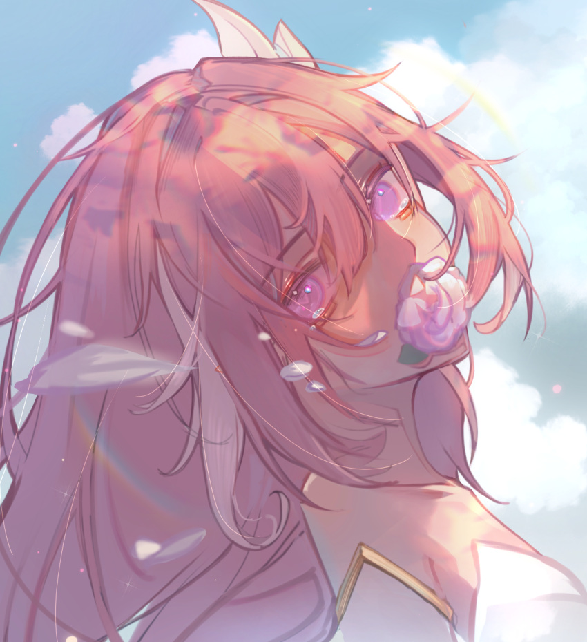 1girl, blue_sky, chinese_commentary, clouds, commentary_request, diamond-shaped_pupils, diamond_(shape), elysia_(herrscher_of_human:_ego)_(honkai_impact)