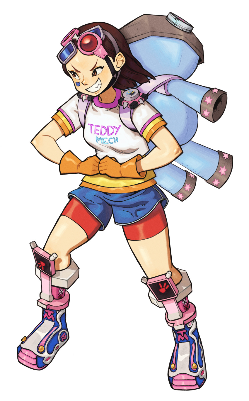 absurdres, bike_shorts, blue_bike_shorts, boots, brown_eyes, brown_hair, clenched_hands, clothes_writing