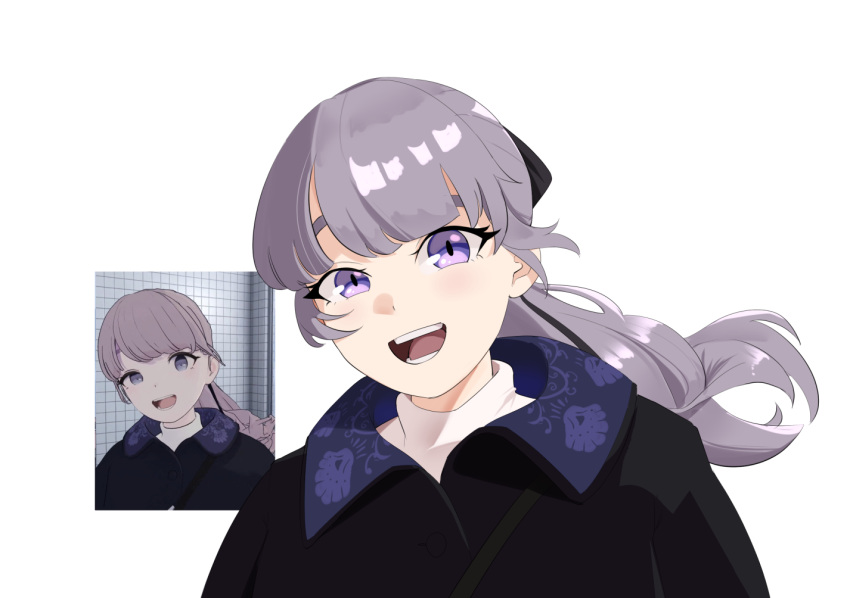 1girl, aweeeeh852, black_ribbon, blush, commentary, derivative_work, english_commentary, frown