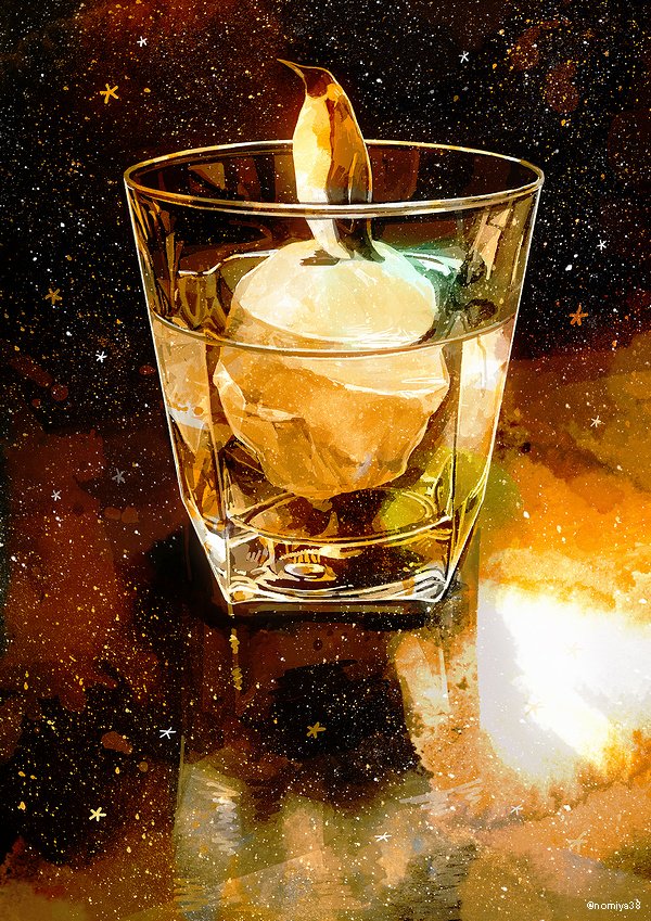 animal, bird, cup, ice, no_humans, nomiya_(no_38), original, penguin, profile, reflection, scotch_whisky, star_(sky), twitter_username