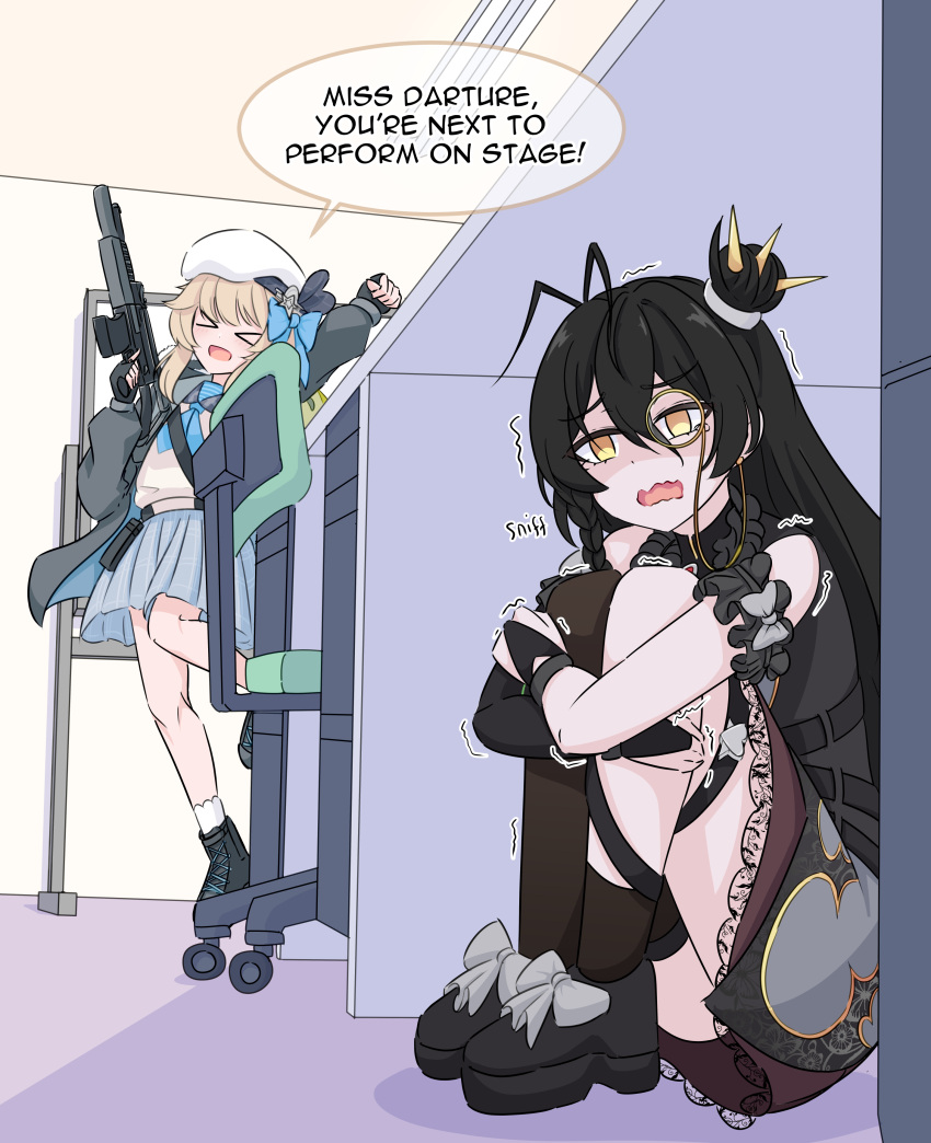 >_<, 2girls, :o, absurdres, alternate_eye_color, anime_girl_hiding_from_a_terminator_(meme), arm_up, asymmetrical_legwear