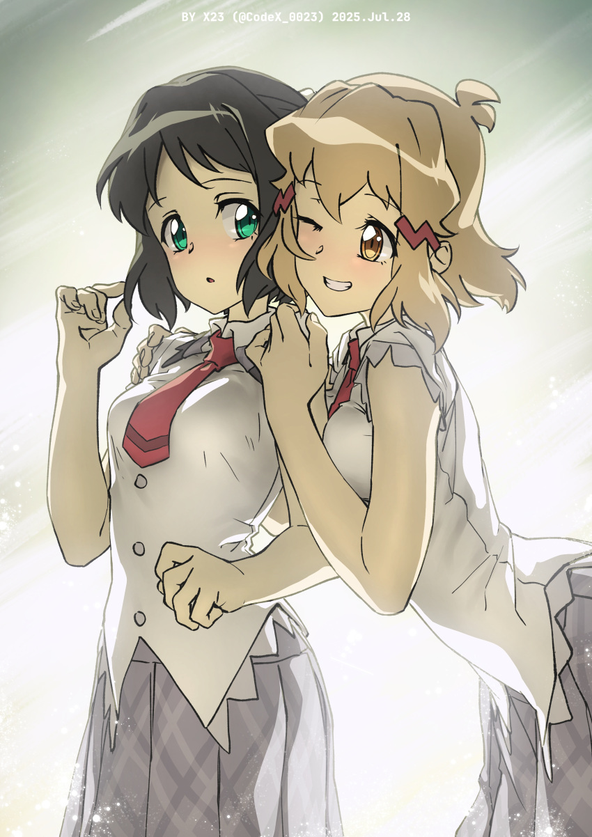 0x0023, 2girls, absurdres, artist_name, black_hair, blonde_hair, breasts, collared_shirt
