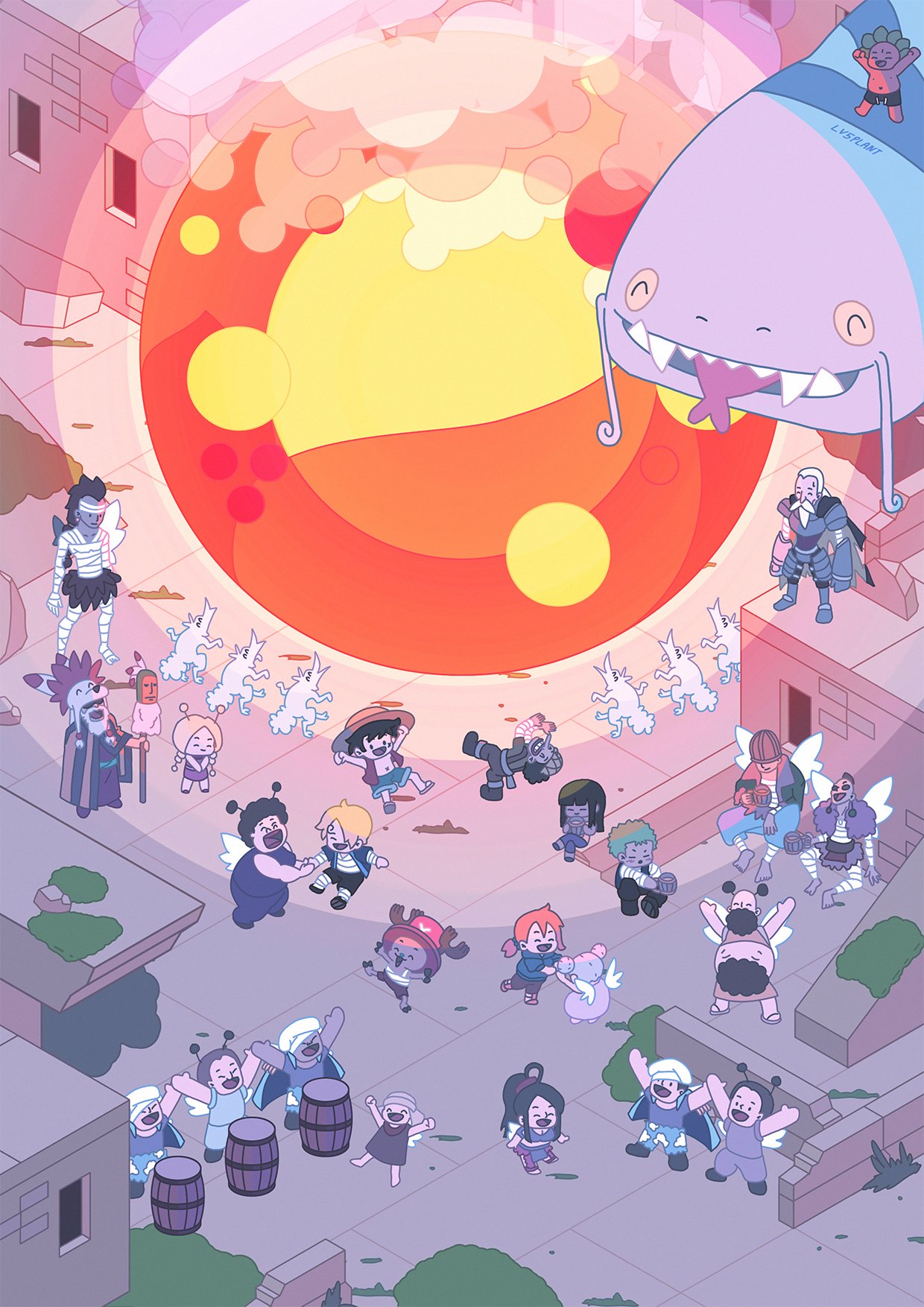 6+boys, 6+girls, ^_^, aisa_(one_piece), amazon_(one_piece), animal, antennae, antlers, armor, arms_up, artist_name, bald, bandages, barrel, beard, beret, blonde_hair, closed_eyes, conis_(one_piece), curly_eyebrows, dancing, facial_hair, fangs, fire, gan_fall, green_hair, hat, highres, horns, laki_(one_piece), long_nose, lv5plant, mckinley_(one_piece), multiple_boys, multiple_girls, nami_(one_piece), nico_robin, nola_(one_piece), old, old_man, one_piece, pagaya, ponytail, reindeer_antlers, roronoa_zoro, short_hair, smile, snake, straw_hat, straw_hat_pirates, tony_tony_chopper, twintails, usopp, white_hair, white_wings, wings, wolf, wyper_(one_piece)