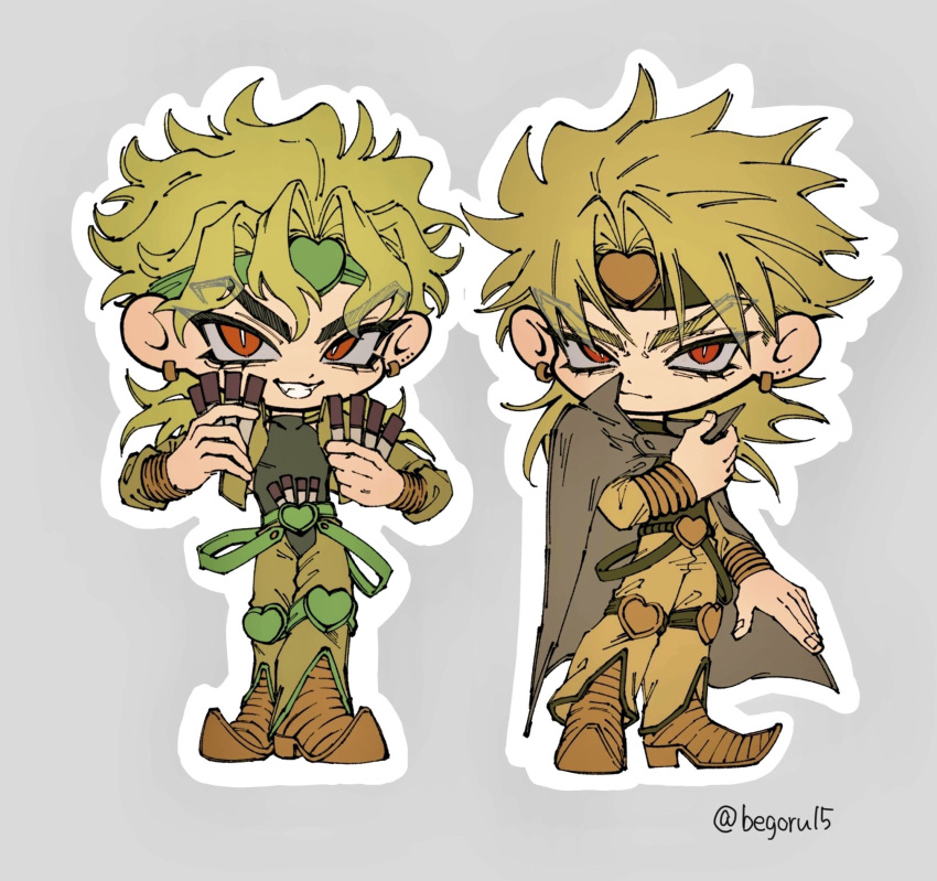 2boys, begoru15, belt, blonde_hair, brown_cape, brown_headband, cape, chibi