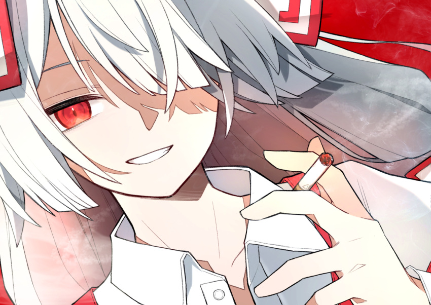 1girl, bow, ch00suke, cigarette, collared_shirt, commentary_request, fujiwara_no_mokou, grey_hair