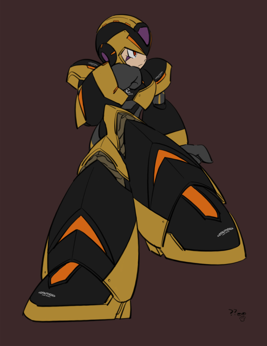 1boy, android, arm_support, armor, black_gloves, body_writing, brown_background, chest_jewel
