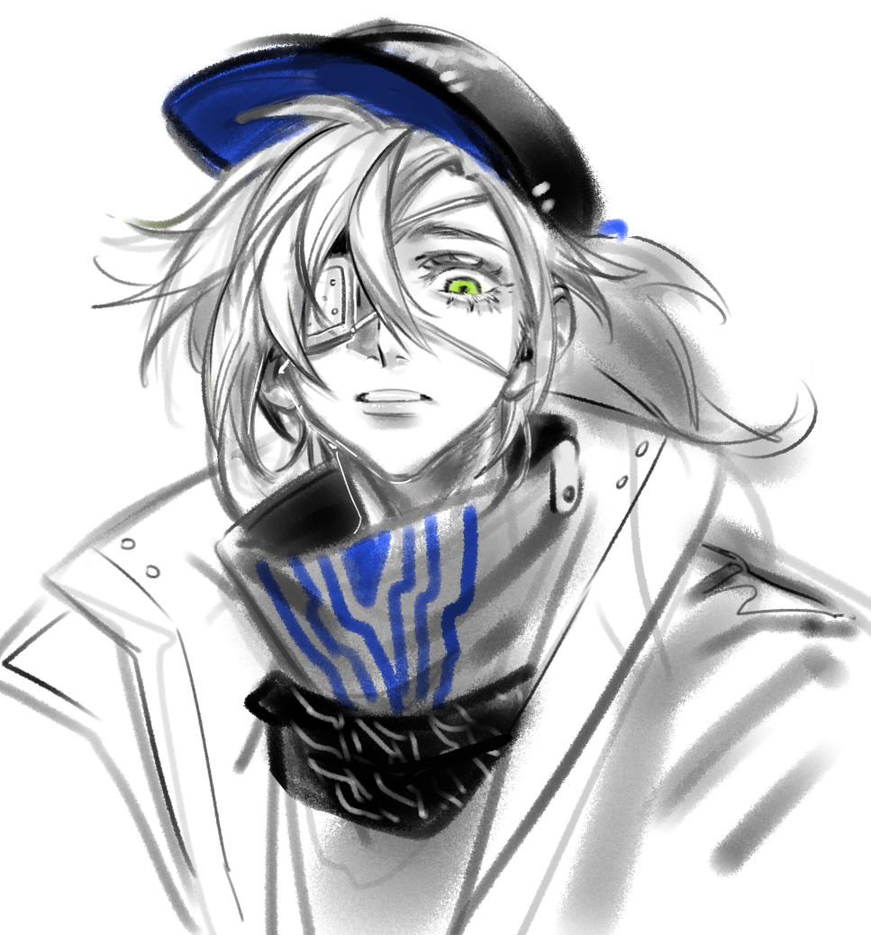1boy, bandana, baseball_cap, black_bandana, black_hair, che_(path_to_nowhere), chinese_commentary, coat