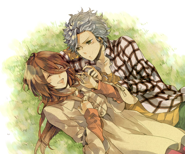 1girl, brown_hair, closed_eyes, couple, dress, earrings, eyes_closed, grass