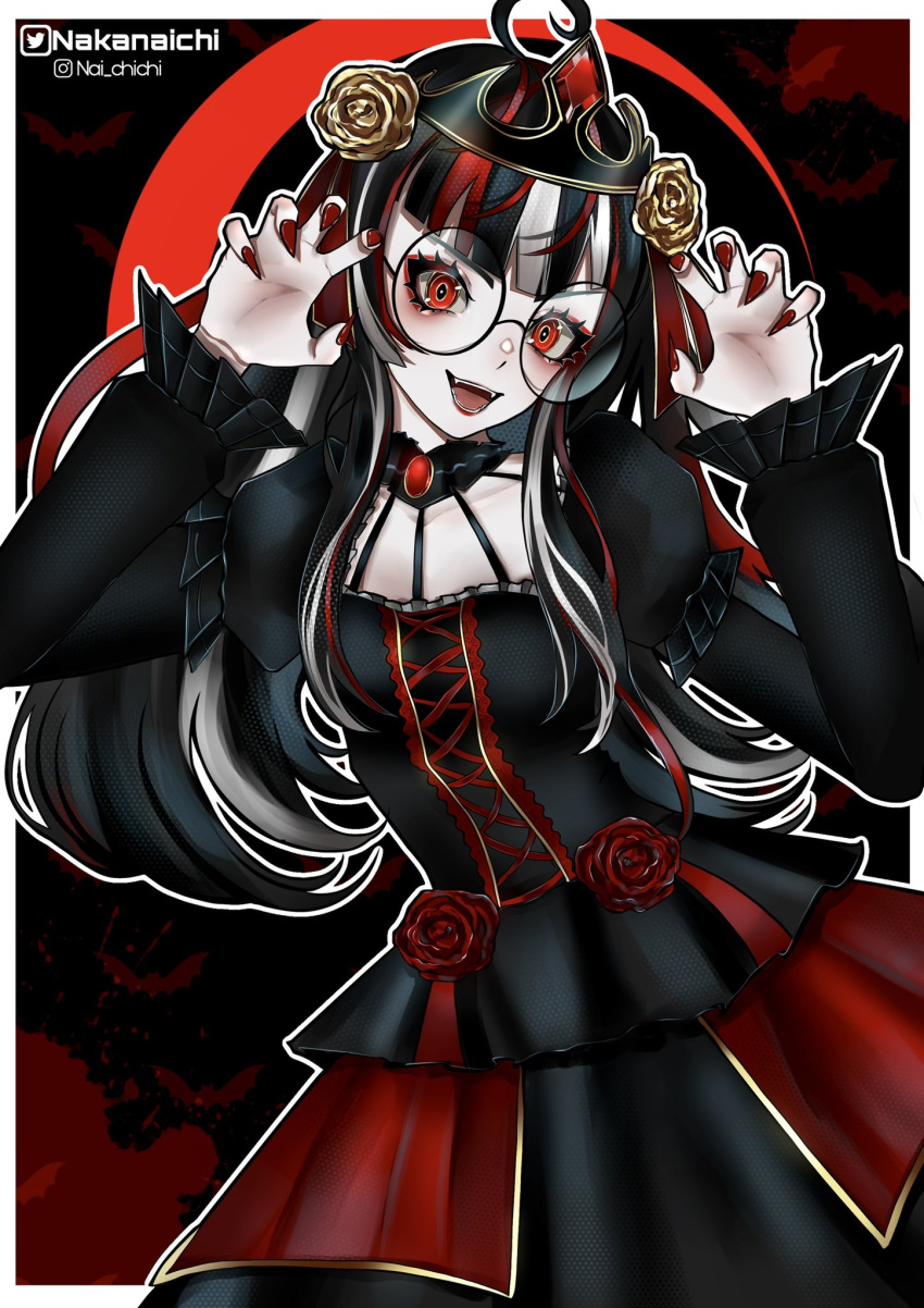 1girl, black_tiara, colorful, corset, eclipse, eye_makeup, fangs, flower, forehead_jewel, gothic_lolita, hair_ribbon, highres, lilyana_nevermore, lolita_fashion, nakanaichi, original, red_eyes, red_flower, red_hair, red_ribbon, red_rose, ribbon, rose, sharp_teeth, simple_background, solo, teeth, tiara, vampire, vampire_vtuber, virtual_youtuber