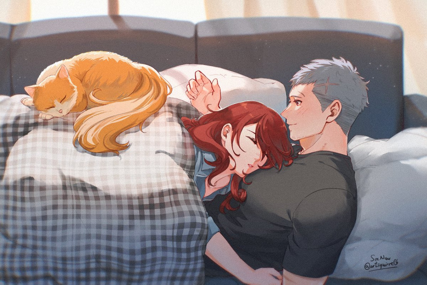 1boy, 1girl, animal, black_shirt, blush, cat, closed_eyes, couch