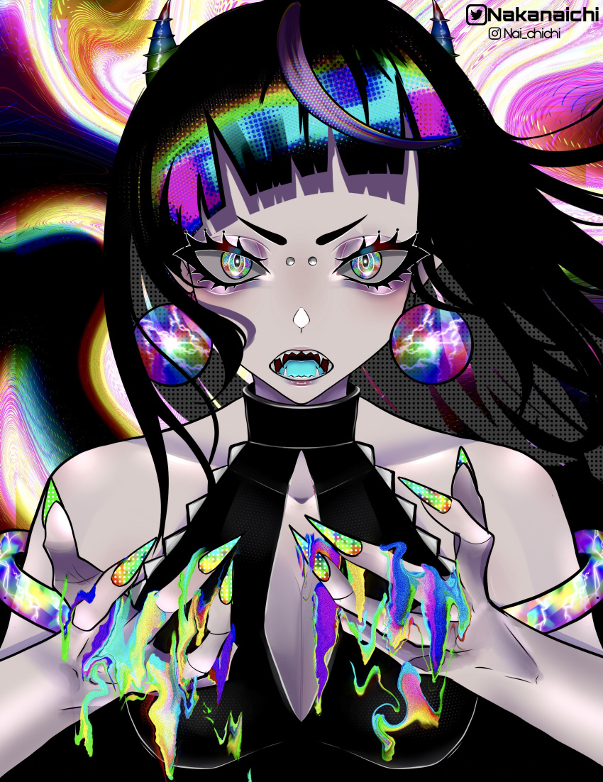 1girl, absurdres, choker, colorful, eye_makeup, fangs, hair_ornament, highres