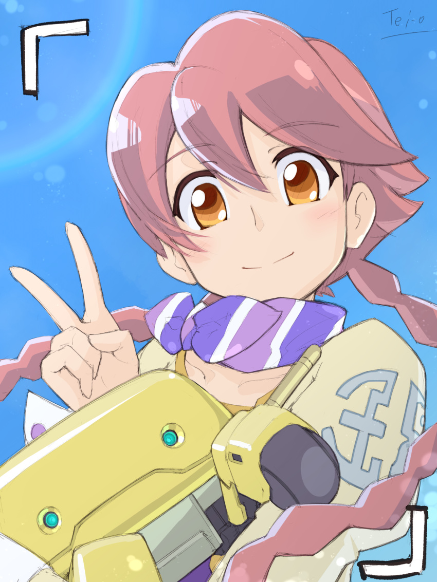 1girl, apocalypse_hotel, artist_name, blue_sky, blush, braid, brown_eyes, brown_hair