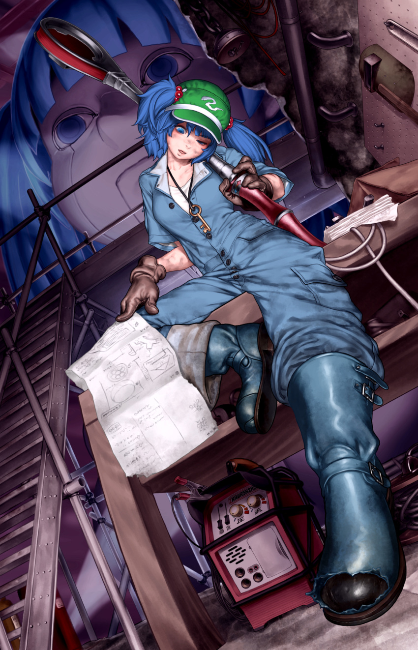 1girl, blue_eyes, blue_hair, blueprint_(object), boots, brown_gloves, commentary_request, commission