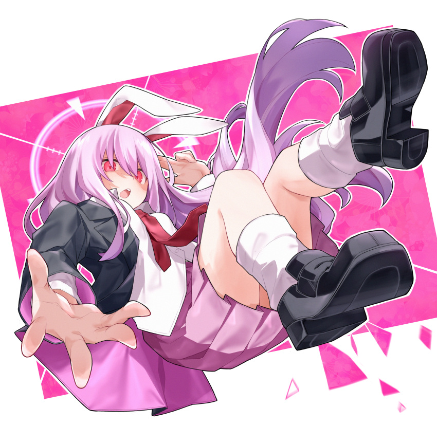 1girl, absurdres, animal_ears, black_jacket, black_shoes, blazer, breasts, ch00suke, commentary, highres, jacket, long_hair, long_sleeves, looking_at_viewer, necktie, open_mouth, pleated_skirt, purple_hair, rabbit_ears, rabbit_girl, reaching, reaching_towards_viewer, red_eyes, red_necktie, reisen_udongein_inaba, shirt, shoes, skirt, socks, solo, touhou, very_long_hair, white_shirt, white_socks