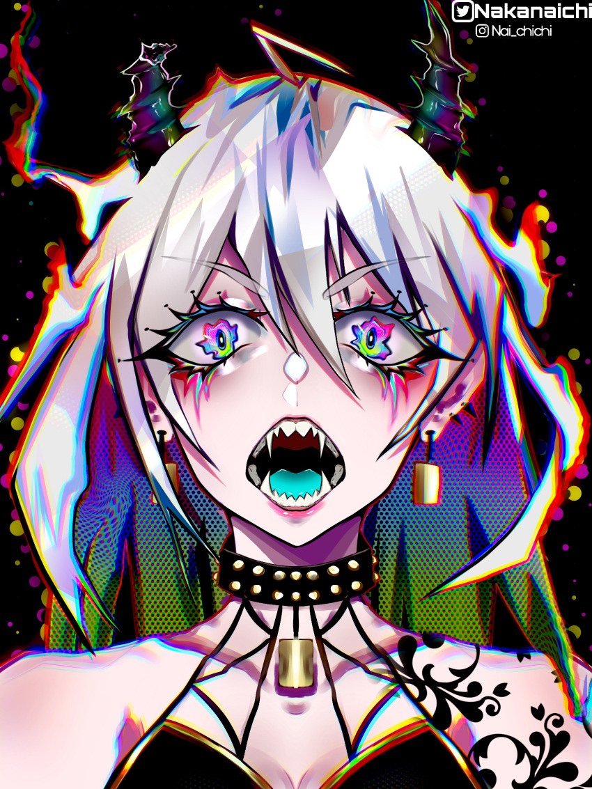 1girl, choker, colorful, eye_makeup, fangs, glitch, hair_ornament, highres