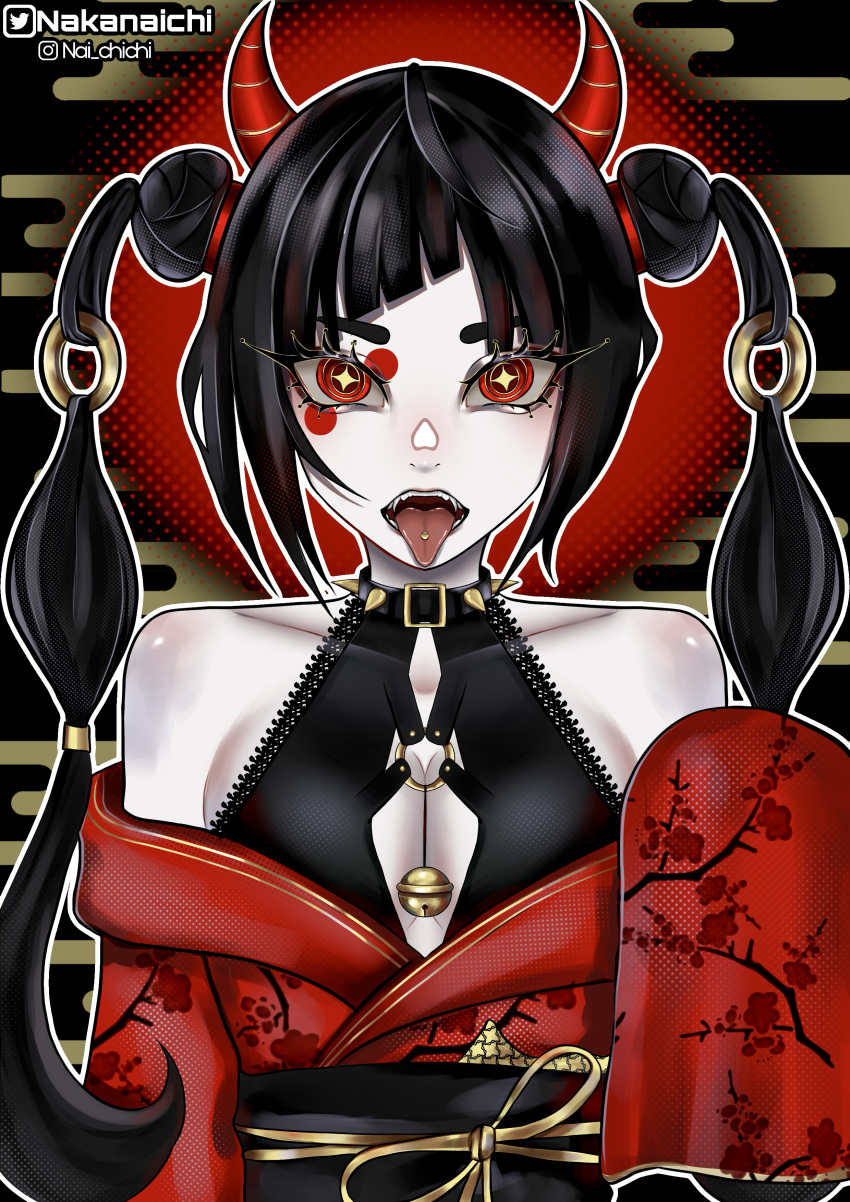 1girl, absurdres, bell, breasts, choker, eye_makeup, fangs, gold_trim