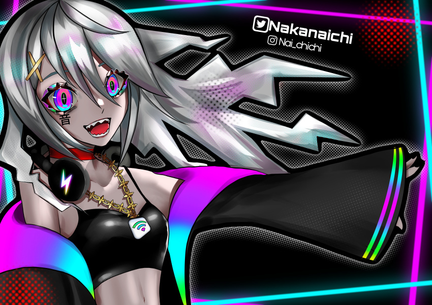 1girl, absurdres, colorful, eye_makeup, fangs, hair_ornament, highres, jacket
