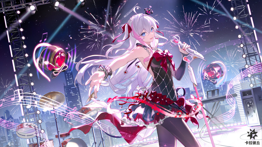 ahoge, black_pantyhose, bow, chain, crown, curled_fingers, drum, fingernails