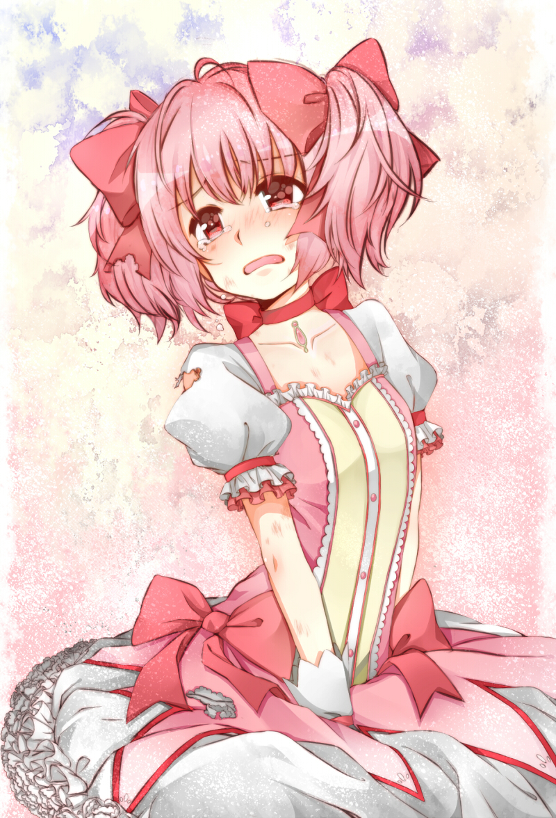blush, bubble_skirt, choker, hair_ribbon, kaname_madoka, karuto, magical_girl, mahou_shoujo_madoka_magica, open_mouth, pink_eyes, pink_hair, puffy_sleeves, ribbon, short_hair, short_twintails, solo, tears, torn_clothes, twintails