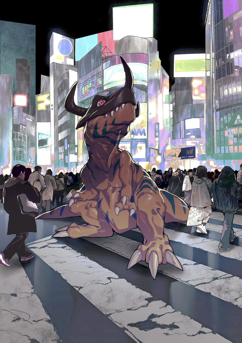 bly_mead, city, crosswalk, digimon, digimon_(creature), dinosaur, greymon, helmet