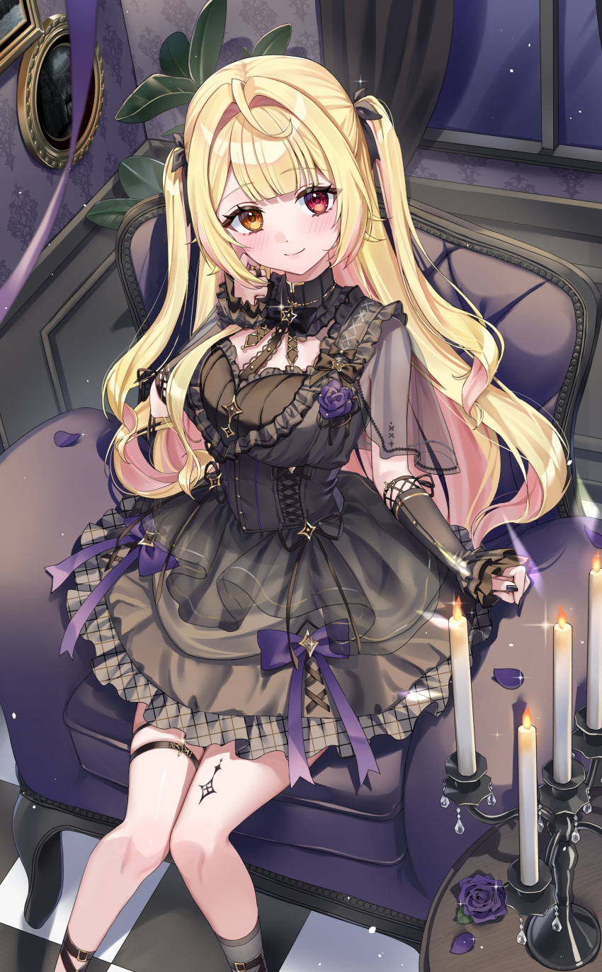1girl, absurdres, black_dress, black_nails, black_sleeves, blonde_hair, blush, breasts