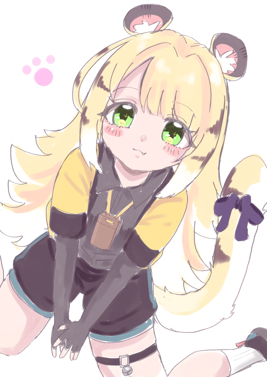 1girl, animal_ear_fluff, animal_ears, blonde_hair, blur_censor, censored, covered_groin, green_eyes