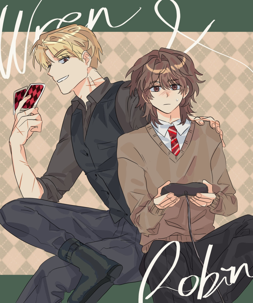 2boys, argyle_background, black_boots, black_pants, black_vest, blonde_hair, boots, brown_background, brown_eyes, brown_hair, brown_shirt, brown_sweater, card, character_name, collared_shirt, controller, degrees_of_lewdity, game_controller, grin, hand_on_another's_shoulder, highres, holding, holding_card, holding_controller, holding_game_controller, lala1ara, multiple_boys, necktie, pants, red_necktie, robin_(degrees_of_lewdity), robin_(male)_(degrees_of_lewdity), shirt, short_hair, sitting, smile, sweater, vest, white_shirt, wren_(degrees_of_lewdity), wren_(male)_(degrees_of_lewdity)