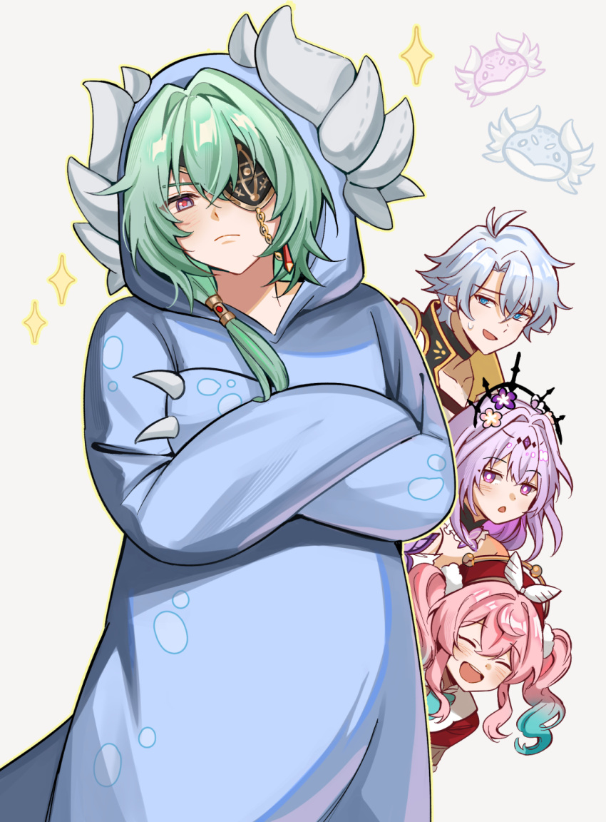 2boys, 2girls, :o, anaxa_(honkai:_star_rail), animal_costume, blue_eyes, can't_be_this_cute, castorice_(honkai:_star_rail)