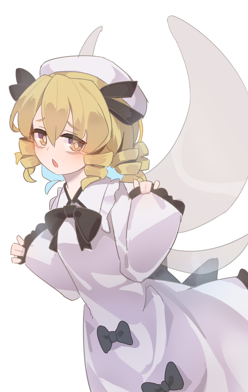1girl, absurdres, black_ribbon, blonde_hair, breasts, brown_eyes, collar, drill_hair, gumingdi_ban, hair_ribbon, hat, highres, holding_sleeve, luna_child, mob_cap, open_mouth, ribbon, simple_background, solo, touhou, transparent_wings, upper_body, white_background, white_collar, white_hat, wings