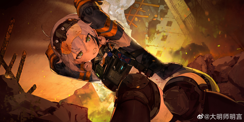 1girl, absurdres, assault_visor, bulletproof_vest, cascadia_(neural_cloud), clenched_teeth, damingshimingyan, fire