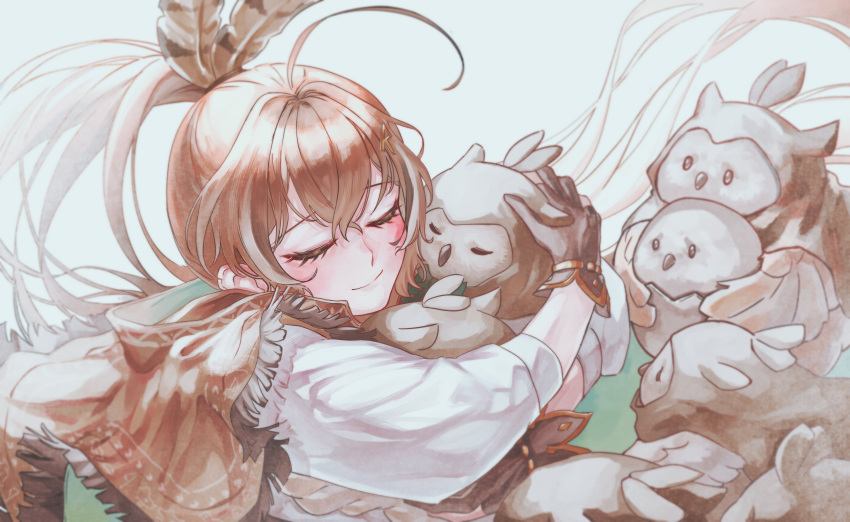 1girl, absurdres, ahoge, black_gloves, brown_capelet, brown_hair, capelet, closed_eyes, closed_mouth, commentary, crossed_bangs, double-parted_bangs, english_commentary, feather_hair_ornament, feathers, gaecho_123, gloves, hair_between_eyes, hair_ornament, hairclip, highres, hololive, hololive_english, hood, hooded_capelet, hooman_(nanashi_mumei), hug, long_hair, multicolored_hair, nanashi_mumei, nanashi_mumei_(1st_costume), partially_fingerless_gloves, ponytail, shirt, solo, streaked_hair, three-quarter_sleeves, virtual_youtuber, white_shirt