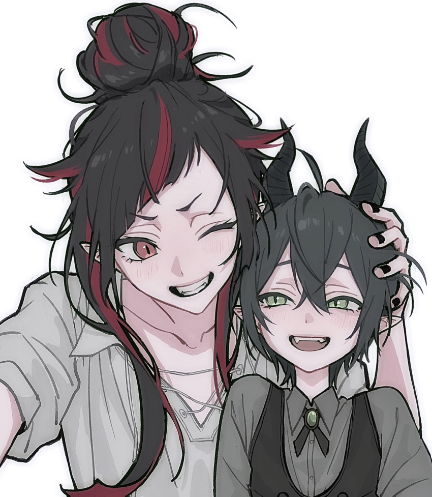 2boys, aged_down, black_hair, black_vest, blush, brooch, collared_shirt, commentary_request